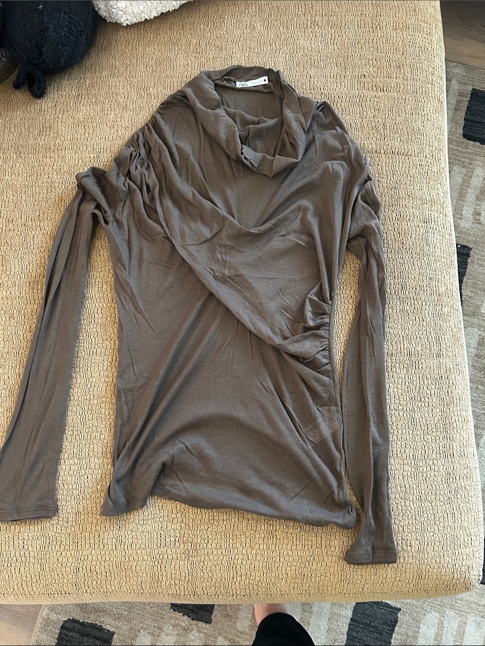 Brown Long-Sleeve Draped Cowl Neck Top